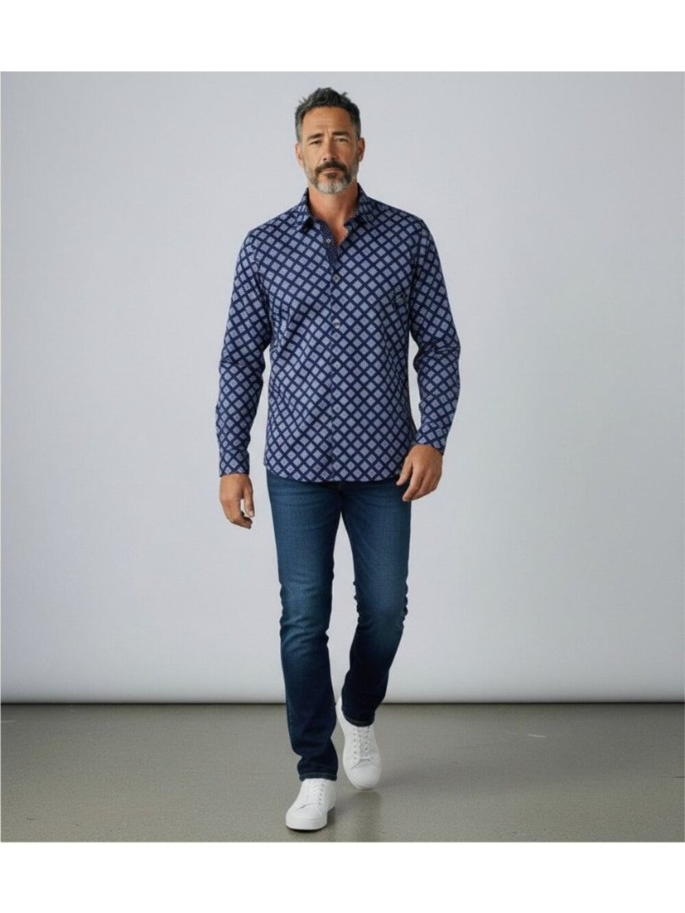 Ted Baker London Mens Blue Diamond Pattern Long Sleeve Button-Up Shirt Size 6